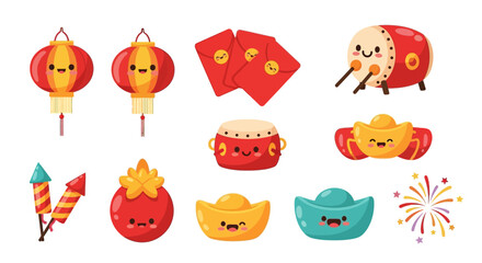 Flat lay of various Lunar New Year elements, including icons, symbols, and illustrations of lanterns, envelopes, fireworks, and a horse, against a clean white background with a festive mood.