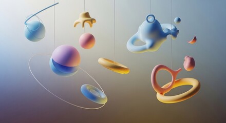 A mobile featuring colorful, abstract shapes and spheres suspended from above, creating a dynamic visual display in a gradient environment from a frontal viewpoint.