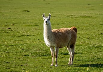 Obraz premium A beautiful domestic llama standing calmly in a vast green meadow under the sunlight, showcasing its thick wool coat and gentle demeanor ,portrait ,sky ,field
