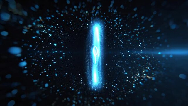 A futuristic video visualization of a glowing blue key in space