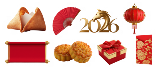 Traditional decorations and items for Chinese New Year, AI, PNG