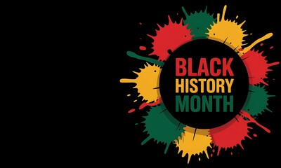 Fototapeta premium Colorful paint splash circular frame for black history month with vibrant abstract shapes on black background representing African American pride and cultural diversity for digital marketing assets