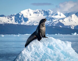 A seal perches on an ice floe in front of a majestic snowy mountain range