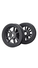 Fototapeta premium A studio shot presents two sleek, gray automotive wheels, each sporting a multi-spoke design against a bright background. Details are sharp