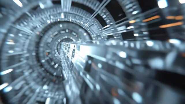 A futuristic tunnel with a bright light at the end in a video