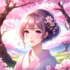 A serene anime-style portrait of a young woman surrounded by vibrant pink cherry blossoms