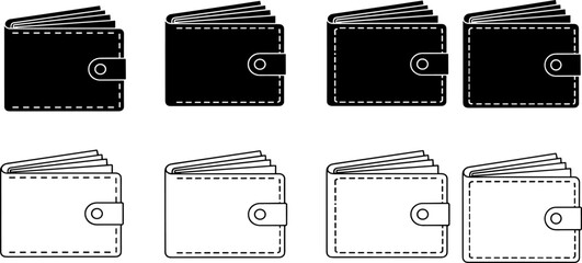 Wallet icon illustration set showing open and closed leather wallets in black and outline styles, finance payment accessory design collection isolated on white background