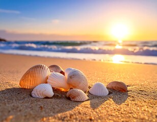 A serene beach scene at sunset featuring a collection of seashells