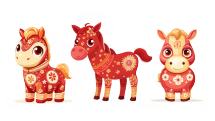 Three red cartoon horses with floral designs, AI, PNG