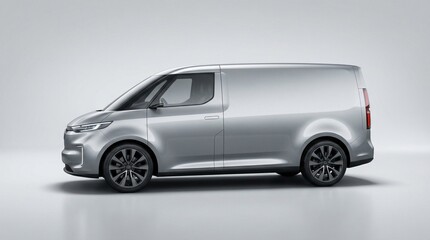 Sleek modern silver electric commercial cargo van concept shown in profile studio photography against a minimalist light gray background emphasizing its futuristic utility vehicle design.