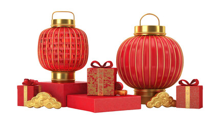 Obraz premium Red decorative lanterns surrounded by colorful gifts, AI, PNG