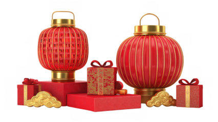 Red decorative lanterns surrounded by colorful gifts, AI, PNG