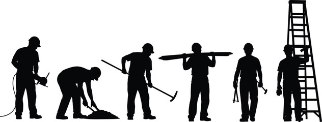 Construction workers silhouette, jackhammer operator, shovel laborer, rake worker, plank carrier, tool user, ladder worker, teamwork, building industry, vector illustration