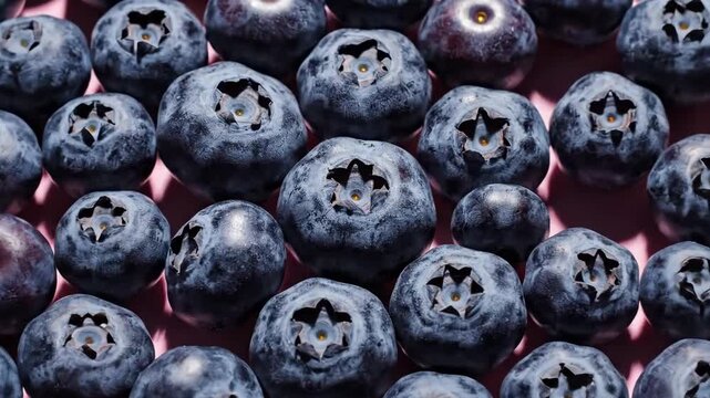 A circular arrangement of blueberries presented on a pink backdrop, with strong shadows.