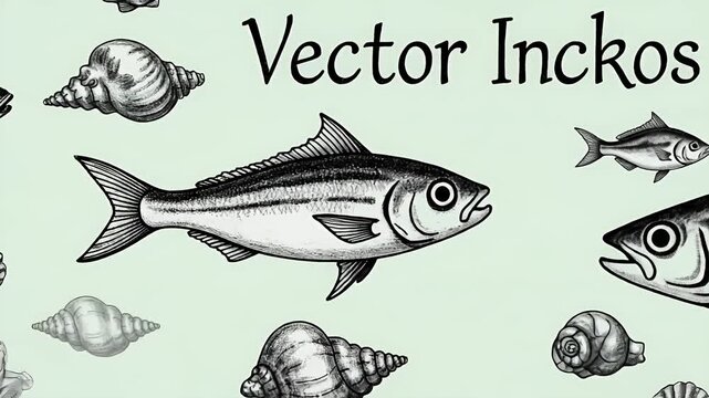 Vintage Ink Drawing Marine Life Fish Shells Vector Art