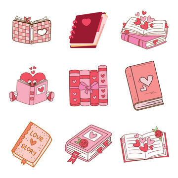 Romantic book collection. Vector closed diaries and notebooks with hearts and roses for Valentine's Day design