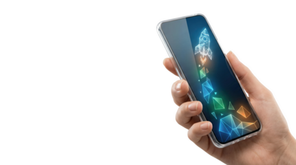 Hand holding phone showing rocket in colorful shapes, AI, PNG
