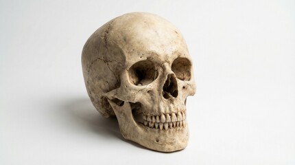 Obraz premium Realistic human anatomy model replica of a dried beige skull showing detailed bone structure isolated on a bright white background with shadow.