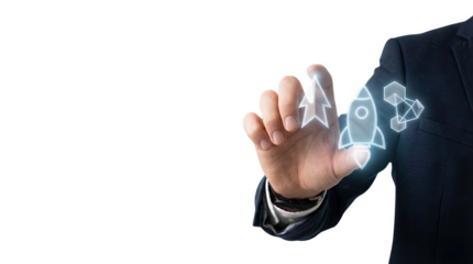 Person draws rocket icons using a digital interface, AI, PNG