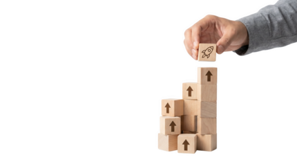 Hand places a block on a stack shaped like progress, AI, PNG