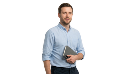 Man stands and holds a tablet in his hand, AI, PNG