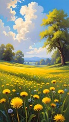 A serene landscape with yellow flowers and trees under a blue sky