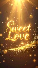 Golden illuminated text of "Sweet Love" with light rays and bokeh against a dark backdrop