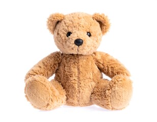 Fototapeta premium A stuffed plush toy with soft, brown fur, button eyes, and a black nose, in a sitting position, against a white background