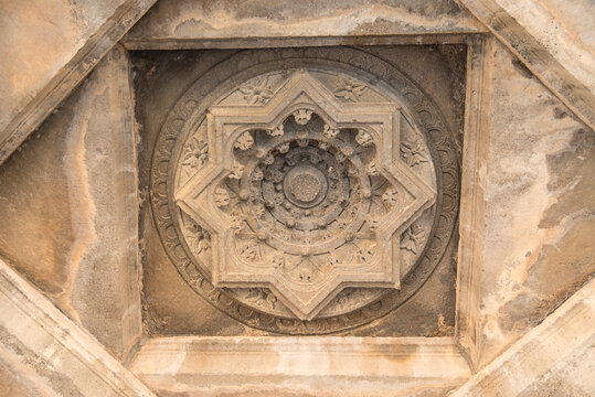 Stone carving and intricate details on the ceiling of Shri Siddheshwara Swamy Temple, Hottal, Nanded, Maharashtra, India.