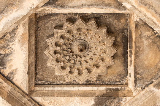 Stone carving and intricate details on the ceiling of Shri Siddheshwara Swamy Temple, Hottal, Nanded, Maharashtra, India.