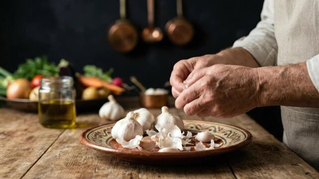 Close-up of senior man hands peeling fresh garlic cloves on rustic wooden table with olive oil and vegetables in background