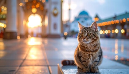 A serene tabby cat sitting on a ledge in a blurred cityscape