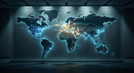 Futuristic Glowing Digital World Map Displaying Global Connectivity Network