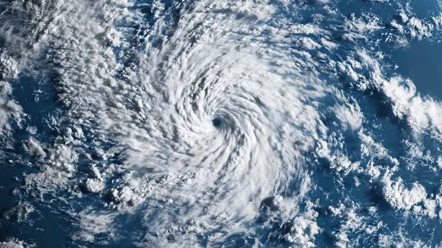 A top-down view shows a swirling hurricane with a clear eye amidst vast cloud cover
