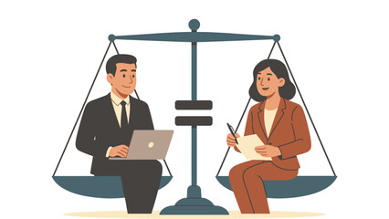 A cartoon illustration of a man and woman in business attire sitting on a scale