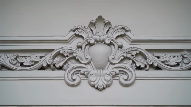 Intricate, white plaster molding, floral and scroll design centered, on a neutral surface
