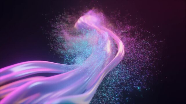 Vibrant particle stream flowing through dark space with iridescent colors and dynamic motion, captured from a frontal viewpoint