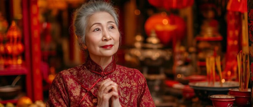 During the Lunar New Year, an Asian elderly woman wearing a crimson cheongsam qipao outfit makes a request to the ancestor god inside a Chinese Buddhist temple for blessings and good fortune.