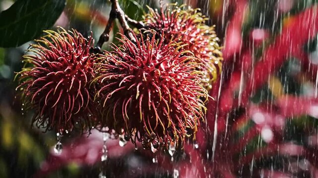 Close-up of rambutan fruit, red and spiky, under rain. Water droplets, lush green background