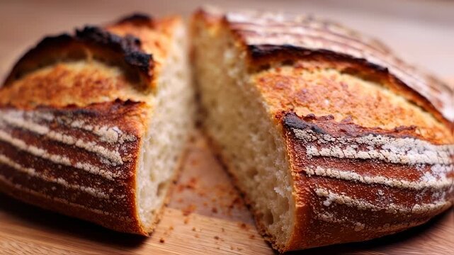 Sliced, golden-crusted loaf of bread with porous crumb, cut on a wooden surface