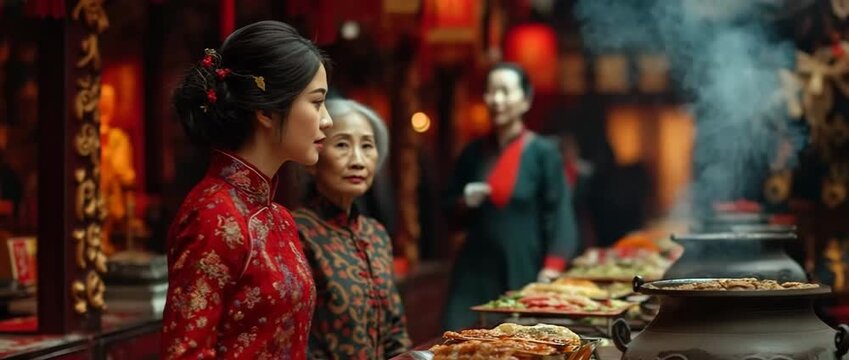 During the Lunar New Year, an Asian woman and her elderly mother are presenting food to the ancestor god inside a Chinese Buddhist temple while wearing a crimson cheongsam qipao.