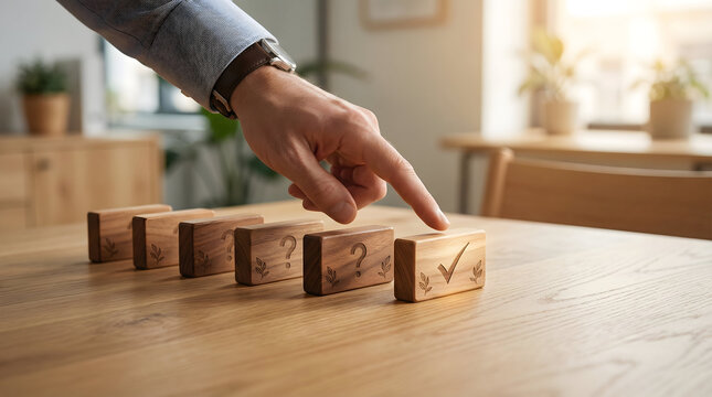 Hand selecting wooden block with green checkmark from row of question marks symbolizing correct eco choice