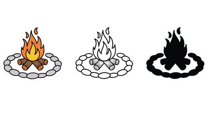 Three different colored campfire icons in a circular stone ring