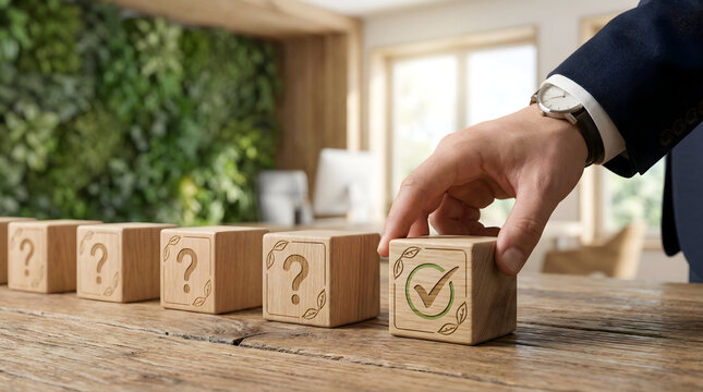 Businessman hand picking wooden block with sustainable leaf checkmark as the right solution among questions