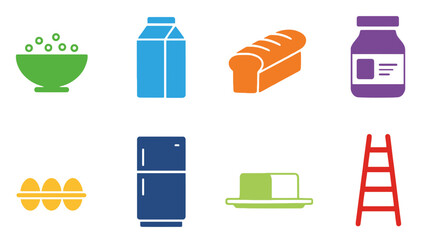 A colorful illustration of various household and food items on a white background
