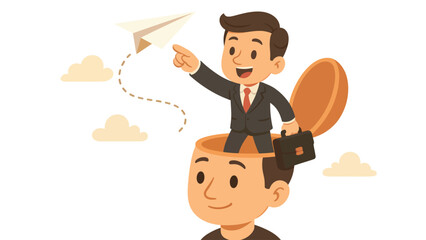 A cartoon businessman riding on top of another man's head, pointing at a paper airplane.