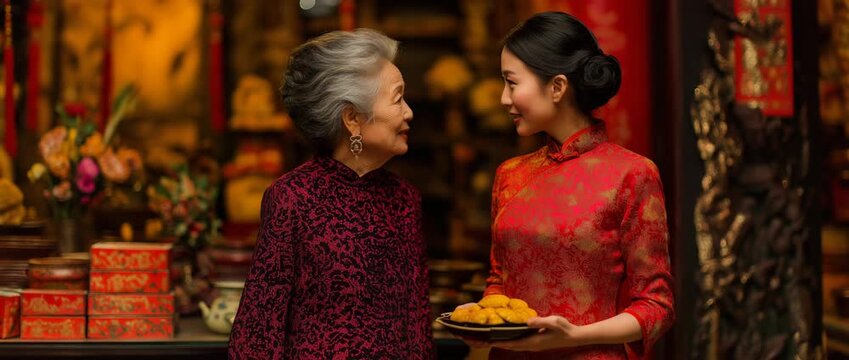 During the Lunar New Year, an Asian woman and her elderly mother are presenting food to the ancestor god inside a Chinese Buddhist temple while wearing a crimson cheongsam qipao.