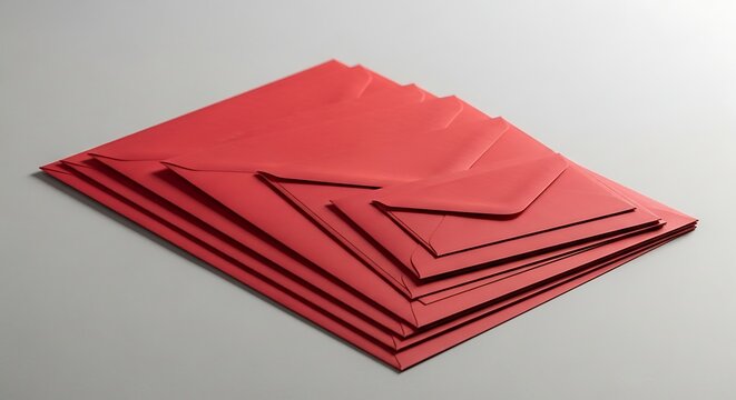 A stack of red envelopes arranged in a layered formation on a plain grey surface