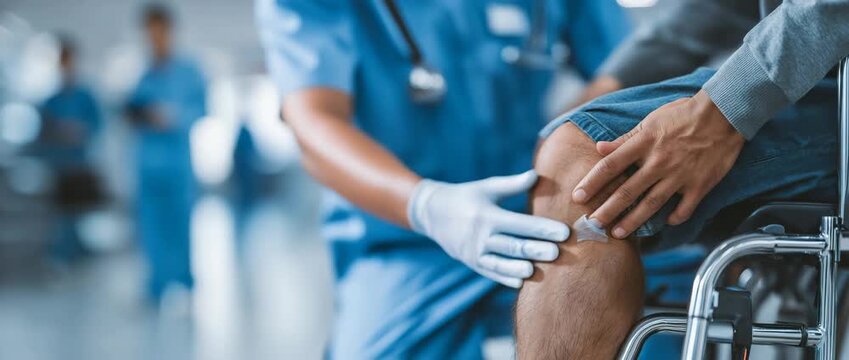 Following surgery, the patient's knee is being examined by a doctor and nurse in a wheelchair for physical therapy, rehabilitation, and recuperation.