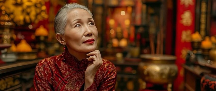 During the Lunar New Year, an Asian elderly woman wearing a crimson cheongsam qipao outfit makes a request to the ancestor god inside a Chinese Buddhist temple for blessings and good fortune.
